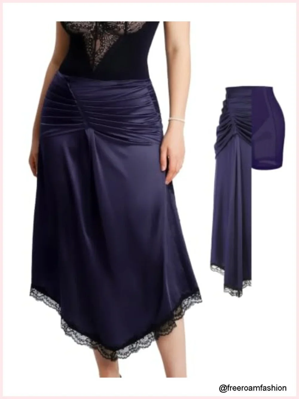 Satin Midi Skirt with Built-in Shapewear, High Waisted Side Slit, Lace Trim
